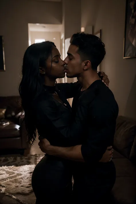 dark aesthetic, actor victor rasuk kissing singer justine skye, very dark, deep shadows, dramatic lighting, moody aesthetic, dark cinematic, dramatic shadows, wearing sweat pants in a small living room near sofa, fine details, attention to detail, shadow p...