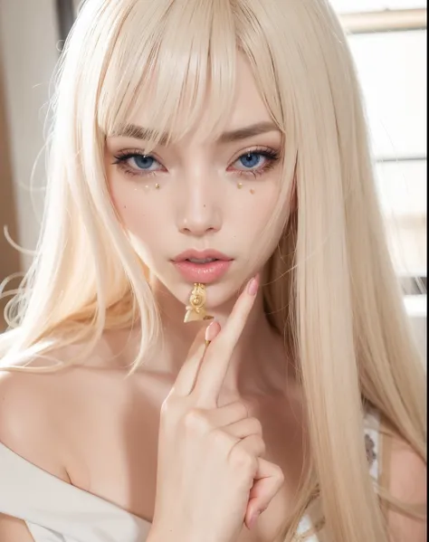 garota loira com cabelos longos e vestido rosa posando para uma foto, Retrato de Kim Petras, linda Delphine, Ulzzang, Ahegao, cara Ahegao, ultrarrealista doce coelhinho menina, ava max, Shikami, longos cabelos loiros e olhos grandes, com cabelos longos bra...