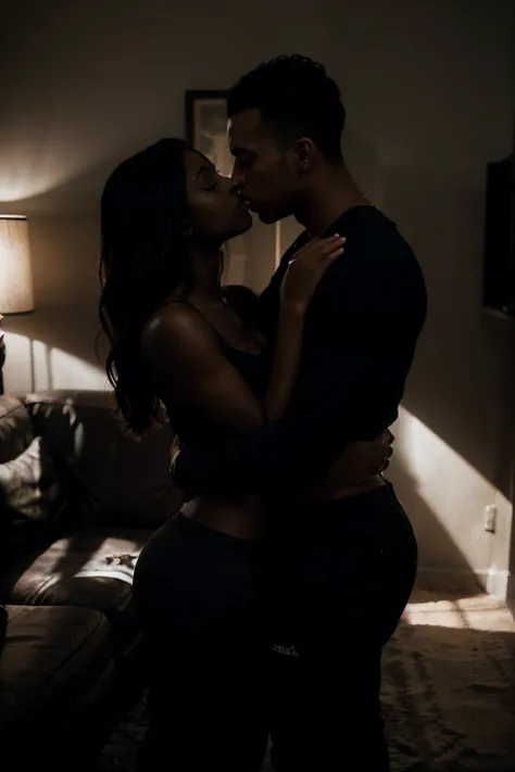 dark aesthetic, actor victor rasuk kissing singer justine skye, very dark, deep shadows, dramatic lighting, moody aesthetic, dark cinematic, dramatic shadows, wearing sweat pants in a small living room near sofa, fine details, attention to detail, shadow p...