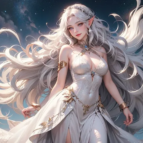 Best Quality, masutepiece, Realistic, Photorealistic, Elven Goddess, Star Goddess, albino, silvery white wavy hair, Super super long hair, White lashes, White eyebrows, brown honey eyes, Smiling, blush, Wind, elegant gray dress, Goddess dress, silver detai...