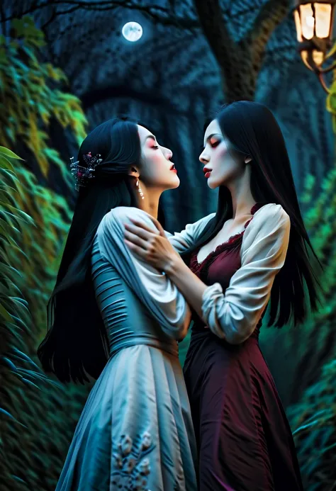 A girl with long black hair, sharp fangs, and crimson eyes passionately kisses another girl with porcelain skin and flowing black hair. The girl being kissed has a delicate smile and wraps her arms around the other girls waist. The scene takes place under ...