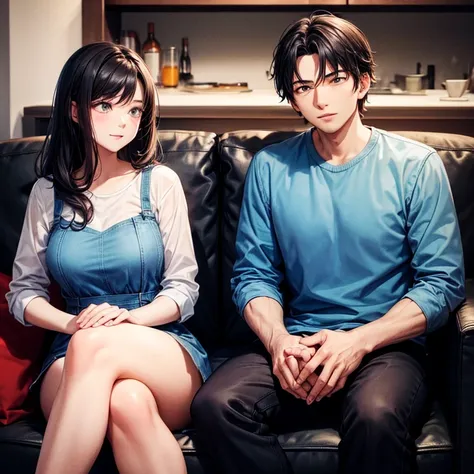 husband and wife,30-years old,A dark-haired,Sit on the sofa