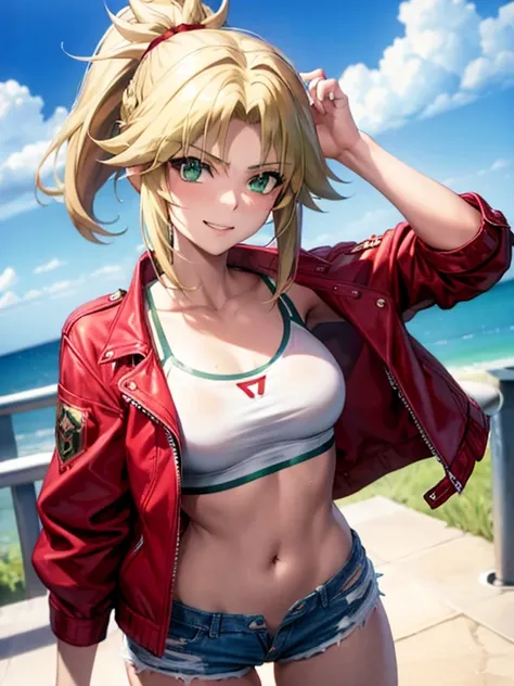 modred, (green eyes:1.5), blonde hair, ponytail, short hair, scrunchie, red scrunchie, hair scrunchie, denim, denim shorts, jack...