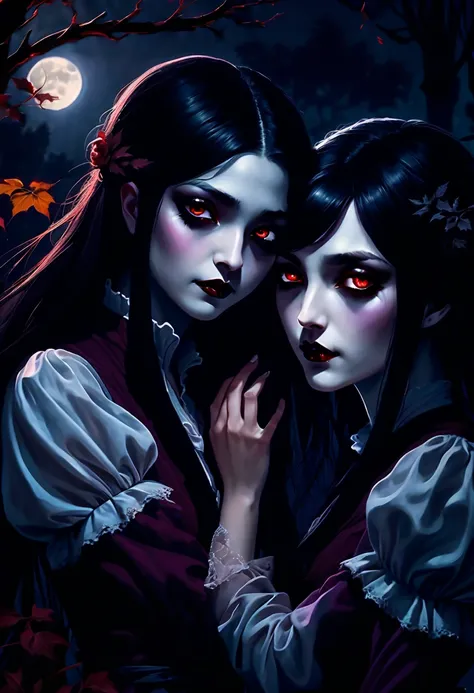 A girl with long black hair, sharp fangs, and crimson eyes passionately kisses another girl with porcelain skin and flowing black hair. The girl being kissed has a delicate smile and wraps her arms around the other girls waist. The scene takes place under ...