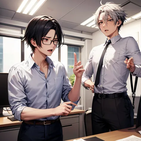 Kai Chisaki from My hero Academia arguing with Samatoki Aohitsugi from Hypnosis Mic in an office