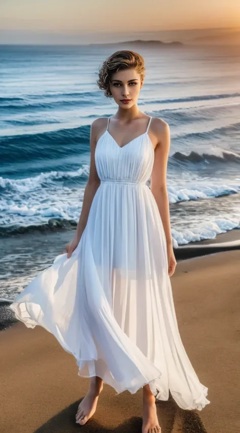 ((best quality)), ((masterpiece)), (detailed), perfect face, A Mesmerizing Full Body Portrait Of Beautiful Young Woman. Adorned With The Ethereal Grace, With Short Hair, And Captivating Brown Eyes, Wearing Flattering Translucent White Chiffon Dress, She Ep...