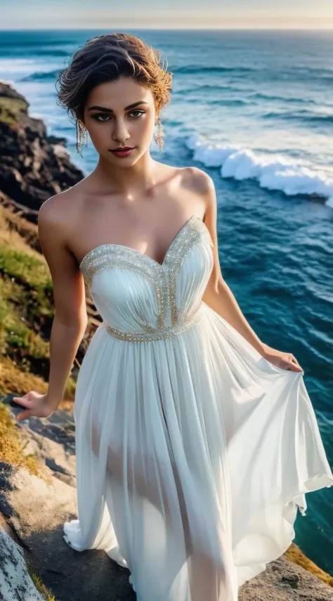 ((best quality)), ((masterpiece)), (detailed), perfect face, A Mesmerizing Full Body Portrait Of Beautiful Young Woman. Adorned With The Ethereal Grace, With Short Hair, And Captivating Brown Eyes, Wearing Flattering Translucent White Chiffon Dress, She Ep...