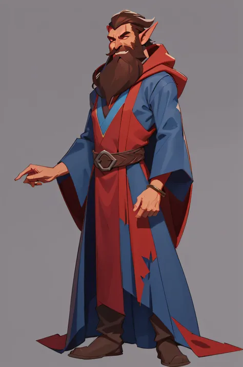 1boy, monster ((RED SKIN)), pointed ears, broad nose, ((DARK BROWN BEARD)), wearing wizard robes(blue), pointed cap(red), mstoconcept art, european and american cartoons, game character design, solo, BACKGROUND, GRAY BACKGROUND, WIZARD, FULL BODY, STANDING...