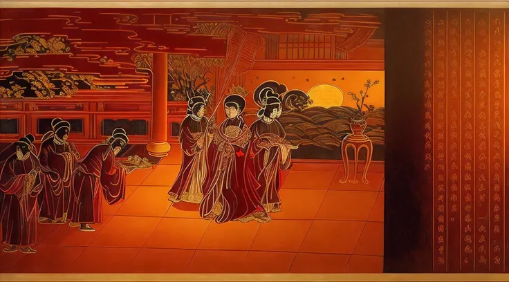 Inside the Tang Dynasty Palace，Three officials presented Jin Buyao to Concubine Yang，a magnificent palace，The beautiful Concubine Yang and her two maids，Three bowed officials holding gold steps