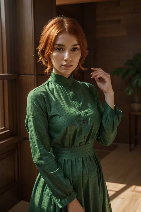 An environment with parametric interior decoration and works of art, vernissage atmosphere, stunning intricate full color portrait of a islamic woman, wearing a green dress, orange hair, happy, epic character composition, by ilya kuvshinov, alessio albi, n...