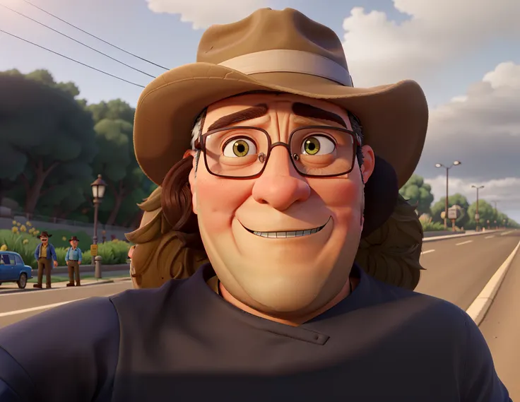 there is a man with a hat and glasses on the side of the road, victor maristane, Ronaldo Luis Nazario de Lima, Salustiano Garcia Cruz estilo Disney Pixar 3D