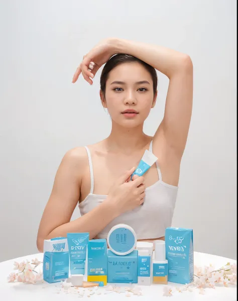 ((best quality)), clear blue sky, short hair, sitting pose, white wall background, asian women, wearing white tshirt, raw photography, ((holding cosmetic)), ((detailed)), clean armpit, perfect face, 4k quality, hold a product. left hand showing armpit, rig...