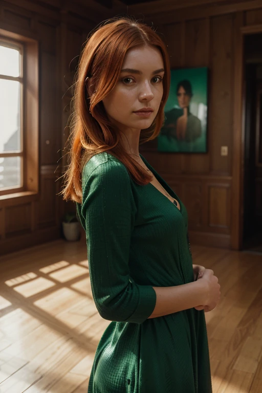 An environment with parametric interior decoration and works of art, vernissage atmosphere, stunning intricate full color portrait of a woman, wearing a green dress, orange hair, happy, epic character composition, by ilya kuvshinov, alessio albi, nina masi...