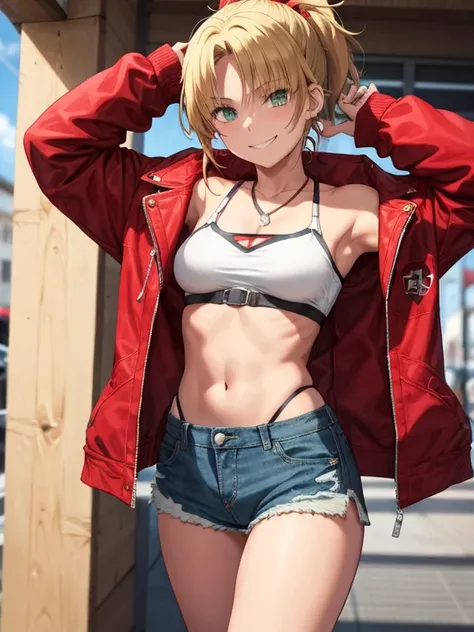 modred, (green eyes:1.5), blonde hair, ponytail, short hair, scrunchie, red scrunchie, hair scrunchie, denim, denim shorts, jacket, midriff, navel, red jacket, short shorts, shorts, tube top, red line white top, strap gap, looking at viewer, smiling, eyes ...