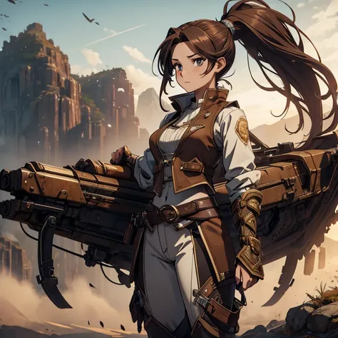 Master piece, 8k, ultra detailed, brown vest, woman, long brown hair, ponytail, browny grey eyes, seductive look, full body frame, brown mountain background