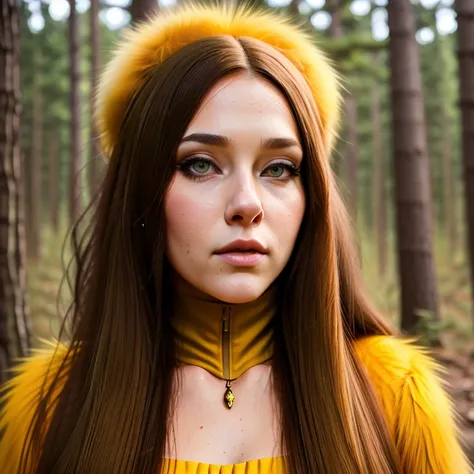 Detailed face, 8k, View of, yellow fur suit, long hair, beautiful eyes, woman, full body, forest