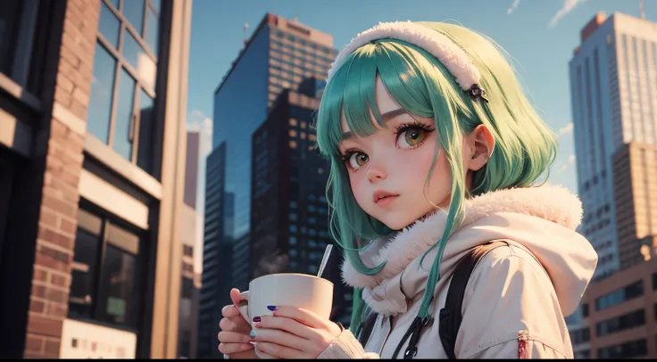 Green hair anime girl near the winter New York City and a cup of coffee in fluffy clouds against a pastel sky with soft pinks and blues