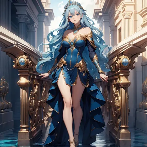 Master piece, 8k, ultra detailed, goddes, blue dress, girl, long light blue hair, tiara, sapphire jewel, navy color eyes, seductive look, full body frame, ocean wave background