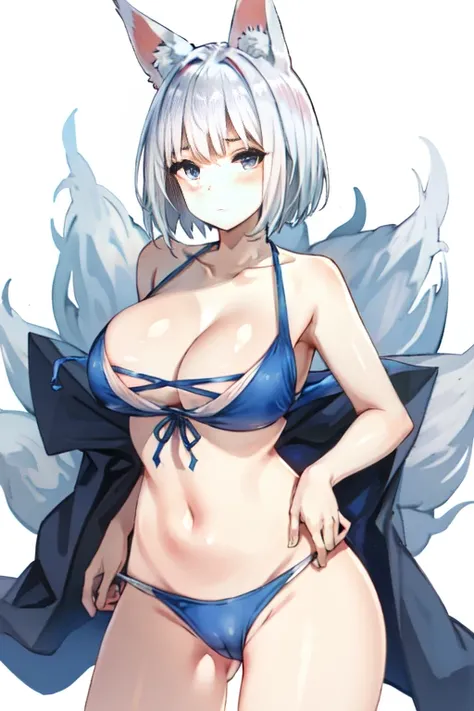 kaga(everlasting killing stone), closed mouth, solo, white background, cameltoe, white hair, swimsuit,  background, navel, blue eyes, fox ears, large breasts, tail, fox girl, short hair, animal ear fluff, multiple tails, collarbone, cleavage, looking at vi...