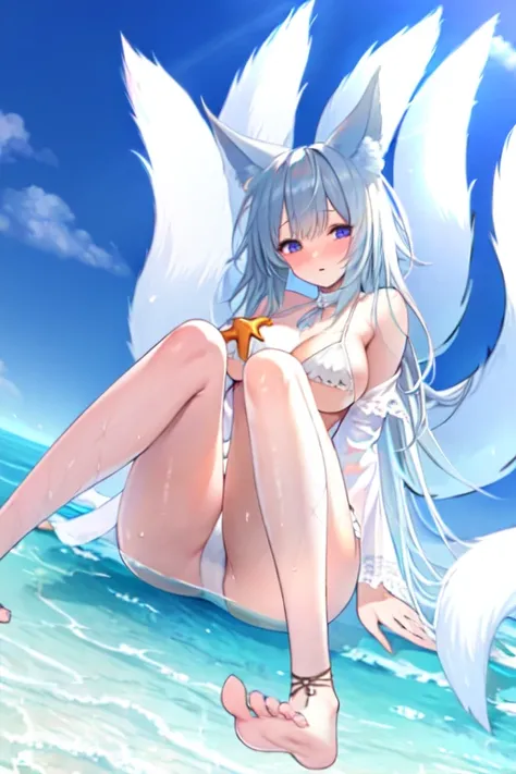 best quality, masterpiece, fluffonwater, 1girl, animal ear fluff, animal ears, bare shoulders, barefoot, beach, bikini, blue eyes, blue sky, breasts, cloud, day, feet, fox ears, fox girl, fox tail, horizon, kitsune, kyuubi, large tail, long hair, looking a...