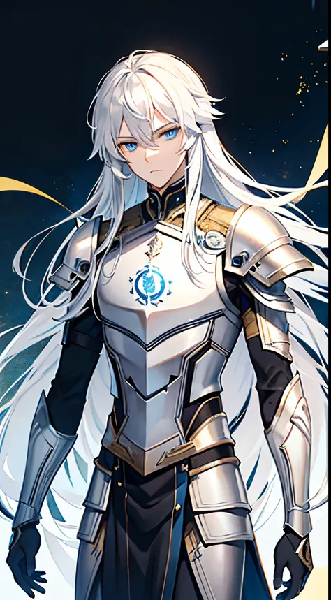 Tall guy, long white hair, blue eyes, gray and gold armor, facing forward, Scandinavian runes, masterpiece, high quality, cyborg arm, calm and gentle expression