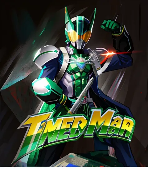 um close de uma pessoa vestida de verde e branco segurando uma espada, Thunder Man, Kamen Rider, an epic anime of a energy man, Power Ranger Verde, alta fantasia Kamen Rider, Arte Promocional, Power Ranger, Kamen Rider personagem, desenhado como o anime sp...