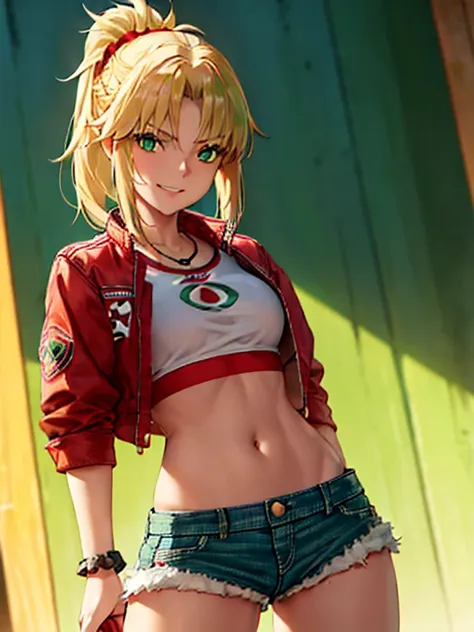 modred, (green eyes:1.5), blonde hair, ponytail, short hair, scrunchie, red scrunchie, hair scrunchie, denim, denim shorts, jacket, midriff, navel, red jacket, short shorts, shorts, tube top, red line white top, strap gap, looking at viewer, smiling