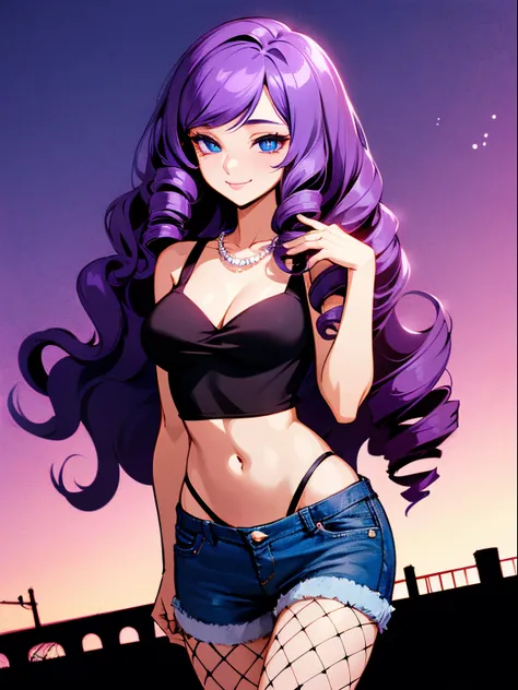 A beautiful and sexy woman with long wavy violet hair, drill curls, side-swept bangs, sharp blue eyes, light skin, smile, wearing a black crop top shirt, short denim pants, fishnet stockings and pearl necklace, shes standing in the city at nighttime