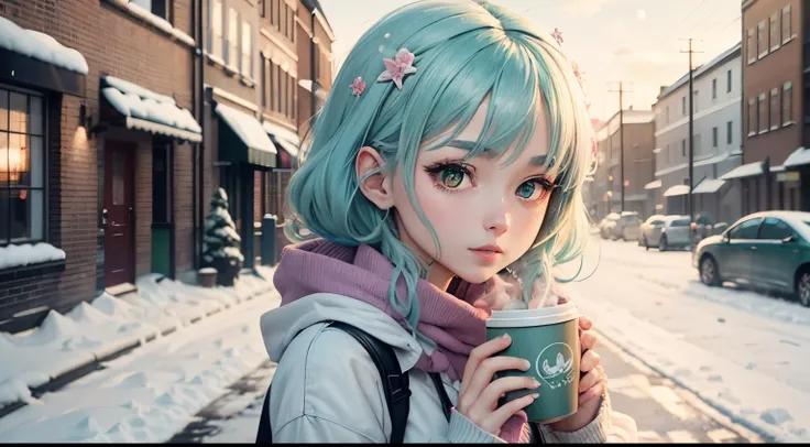 Green hair anime girl near the winter London, snow, and a cup of coffee in fluffy clouds against a pastel sky with soft pinks and blues