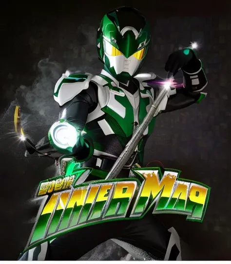 um close de uma pessoa vestida de verde e branco segurando uma espada, Thunder Man, Kamen Rider, an epic anime of a energy man, Power Ranger Verde, alta fantasia Kamen Rider, Arte Promocional, Power Ranger, Kamen Rider personagem, desenhado como o anime sp...