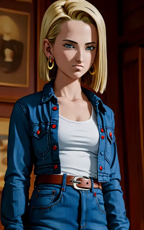 (masterpiece, best quality), realistic version of android18, earrings, denim, belt upper body, focus face, perfect face, emily r...