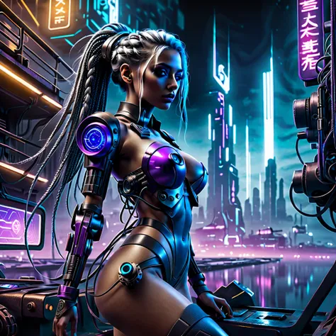 (best quality,4k,8k,highres,masterpiece:1.2),ultra-detailed,realistic:1.37,sci-fi docks with landing spaceship,beautiful cyberpunk woman wearing a sexy dirty mechanics uniform and heavy work boots,working on a strange sci-fi mechanical device,industrial se...