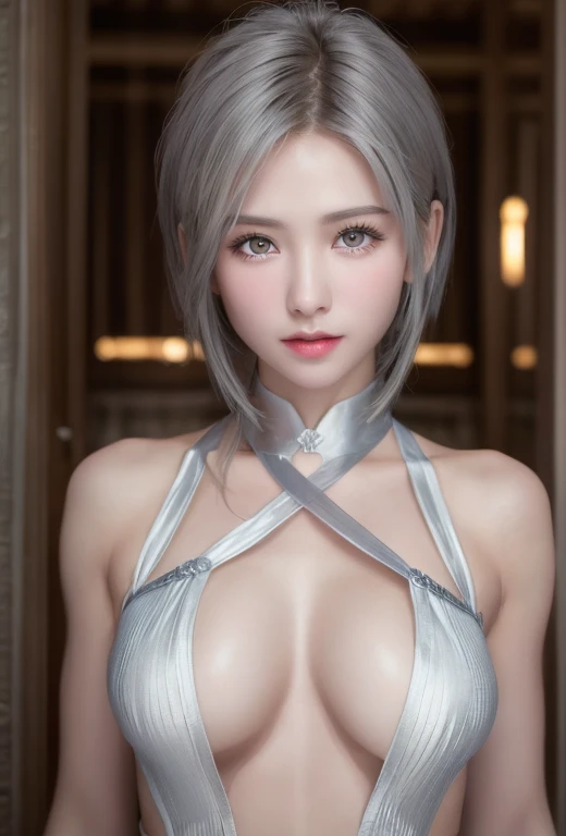 (8K, Photorealistic, Raw photo, of the highest quality: 1.3), (1girl in), Super beautiful, (Realistic face), (boyish, Silver Color Berry Shorthair), Beautiful , Glare that captivates the viewer, Beautiful expression, Beautiful breasts, (Realistic skin), Be...