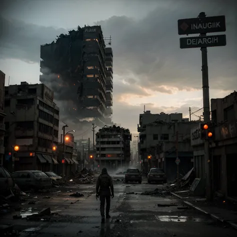 A post-apocalyptic city shrouded in shadows, where hordes of zombies roam through desolate streets.The sky is overcast, creating a tense atmosphere with wreckage and signs of struggle evident in every corner.