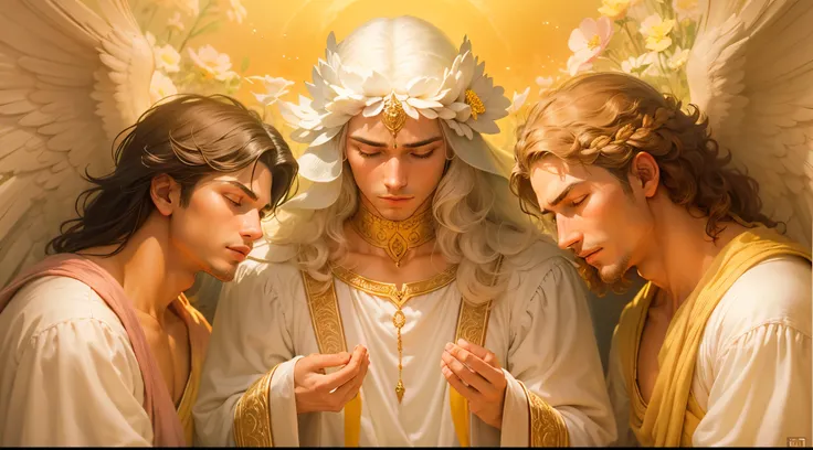 Close up of an image of three male angels praying and blessing, arcanjo homem com asas grandes, o anjo da fortuna, perfeito, Reslistic, Biblical setting, celestial scenery, sol e nuvens ultras realistas, flores e velas, illuminated archangel of heaven, Pas...