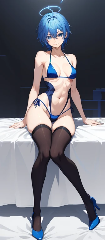 1boy, androgyny, Delicate body、female system、thin body、 Dark blue messy hair, wide and very bright blue eyes, hard disk, masutepiece, Vibrant, Red high heels, light blue micro bikini swimsuit,  full-body view, Warm smile, Black stockings、large male bulge、S...