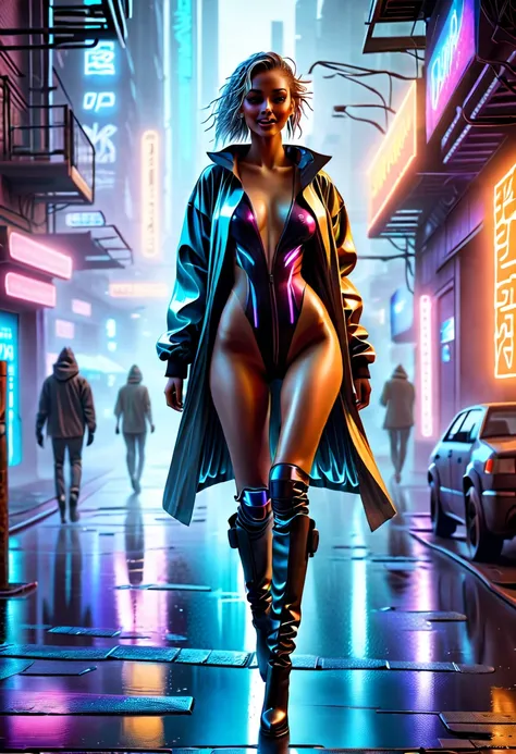 (best quality,4k,8k,highres,masterpiece:1.2),ultra-detailed,(realistic,photorealistic,photo-realistic:1.37),cyberpunk city,cyberpunk girl,sexy,nude,girl walking down the street,light step,bright happy smile,pouring rain,neon lights,reflecting on wet paveme...