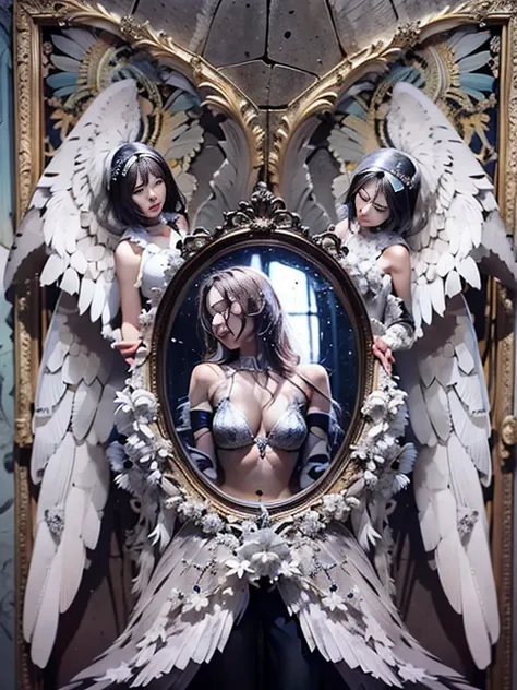 Black and white，Absolutely beautiful women，Bust，Broken mirror，Split black and white，White Angel，Broken，White the、with sublevel rack，Eroded by darkness and light，symmetrical virgin woman,Angel wings