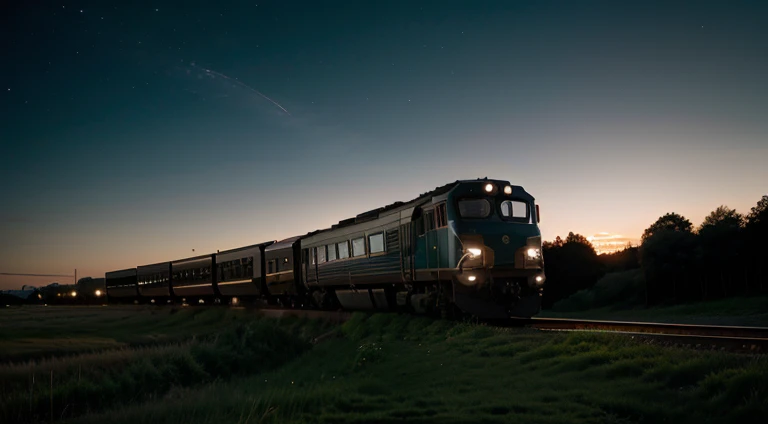 Train passing by in the grassy field. Night sky. Low light exposure. High Quality.