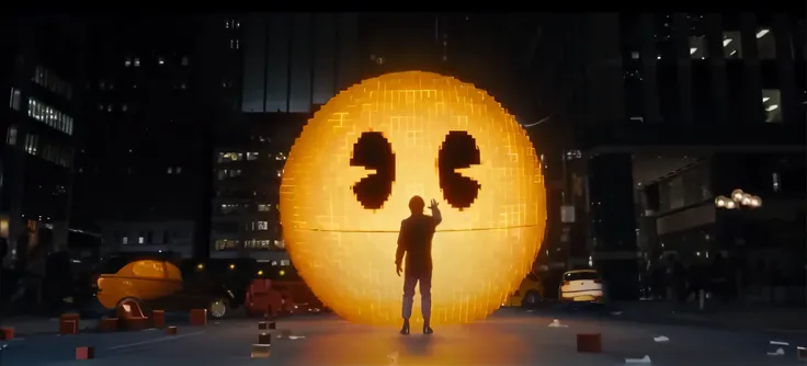 arafed image of a man standing in front of a giant orange object, pixels huh, pixels, pacman, movie screen shot,  video screenshot, screenshot from a movie, movie screenshot, trailer, incredible vfx, glowing yellow face, bubbles vfx, movie screencap, emoji...