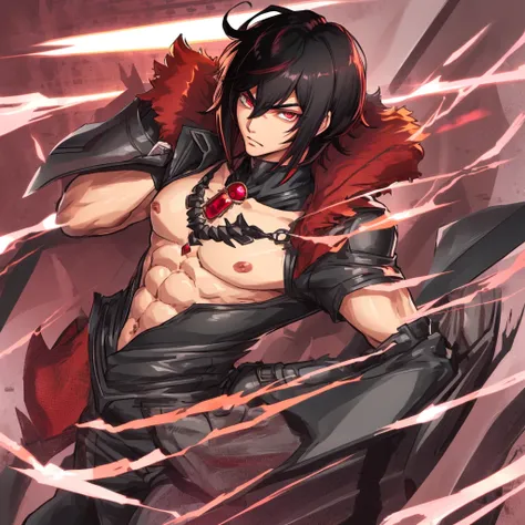 A male, handsome man with black short hair with ruby eyes. Attractive. High quality, advanced details. Anime style. ((Solo)) ((male)) ((masculine style, masculine hair))