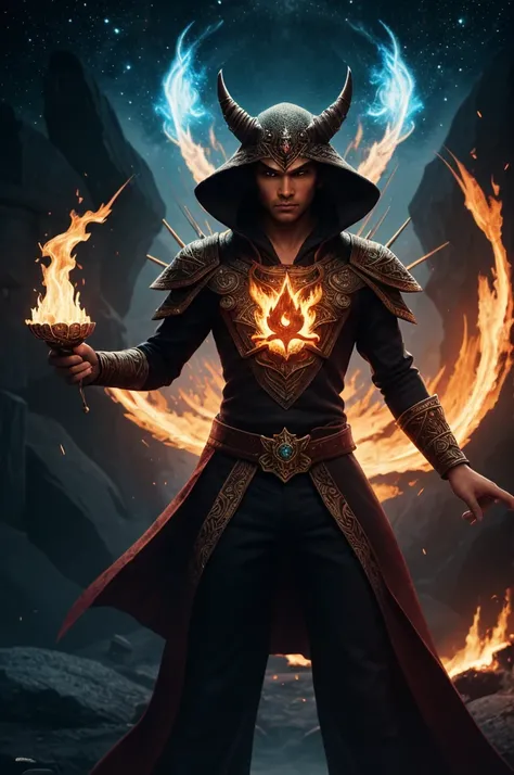 a Flame mages, This poster portrays wizards as mages who command the fire Flame elemental forces. The character stands amidst an elemental convergence, fire and  intertwining around them. his attire  adorned with symbols representing the elements they comm...