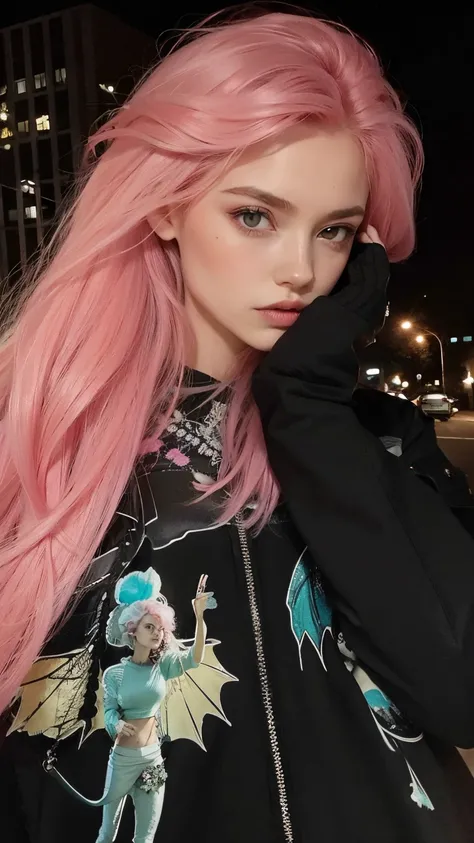 Mulher com cabelo rosa e uma jaqueta preta posando para uma foto, cabelo rosa longo, cabelo liso rosa, com cabelo rosa, long flowing pink hair, cabelo longo chiclete, cabelo rosa wispy, Ela parece uma mistura de Grimes, cabelo rosa, parece uma mistura de g...