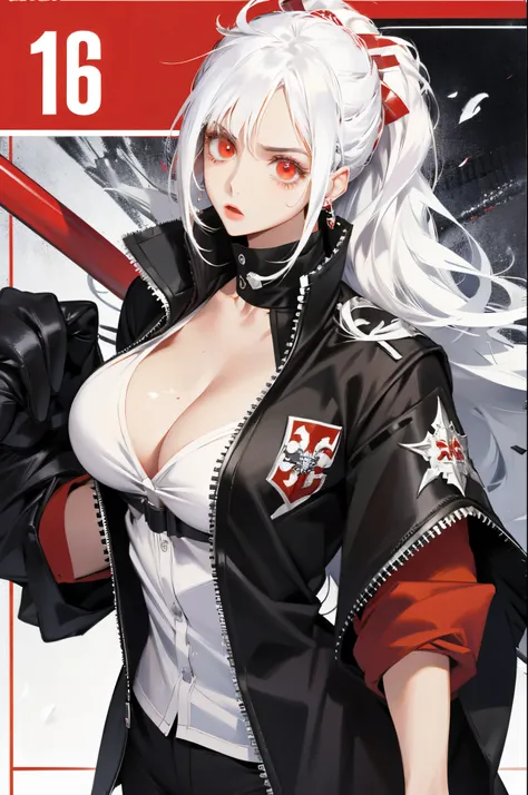 closeup cleavage, animemanga girl, white hair, nerothe eye, black in color、white and red technical clothing, nero、blanche、red ac...