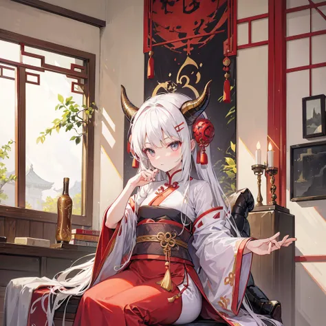 study room，a dragon girl，Dragon horns on the head，Sitting，Write，Ancient Chinese clothing，Everyone knows that gods are good，Only fame can&#39;t be forgotten