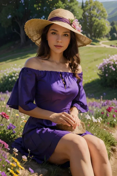 painting of a woman in a purple dress and hat sitting on a hill, inspired by Howard Chandler Christy, in style of steve henderson, inspired by Zinaida Serebriakova, inspired by Leon Kroll, by Albert Kotin, inspired by Archibald Motley, a goddess in a field...