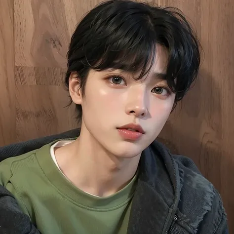 Arafed Asian man wearing green shirt and black jacket., Kim Doyoung, Jung Jaehyun, Foto de perfil de la foto de cabeza, Taejune Kim, Hyung Tae, Yanjun Chengt, Hong June Hyung, Ulzzang masculino, Jinyoung Shin, Wan adorable cara coreana, boy has short black...