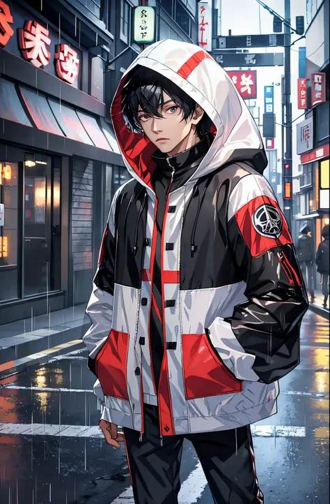 kk, best quality, more details, masterpiece, (whole body) , 1boy, kaneki ken, portrait, standing in the middle of the street,  night, male focus,  eyes, solo, bangs, looking at viewer, hood, short hair, rain, tokyo tokyo (city),  hood up, nail polish, blac...