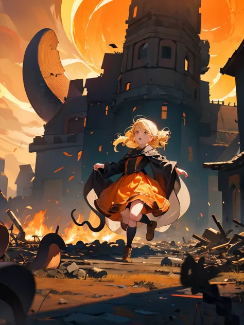 Huge black shadow，Long tentacles，Cover the sky，pursue，Little girl runs away in panic，Medieval dress-up，Little girl with blonde hair，Braided，Young，Orange skirt，The house ，Rubble flying everywhere，Many faces looked horrified