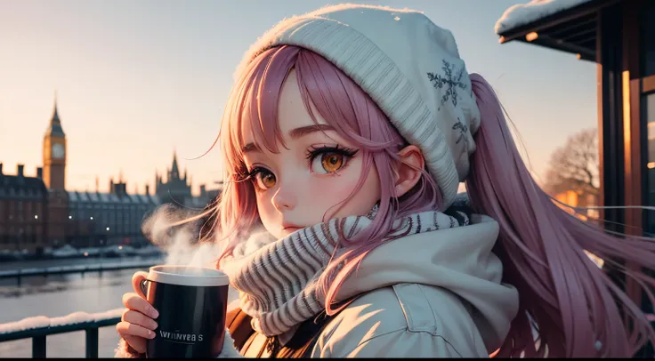 Anime girl, winter London, snow, and a cup of coffee windblown leaves against a gradient sky of calming colors.